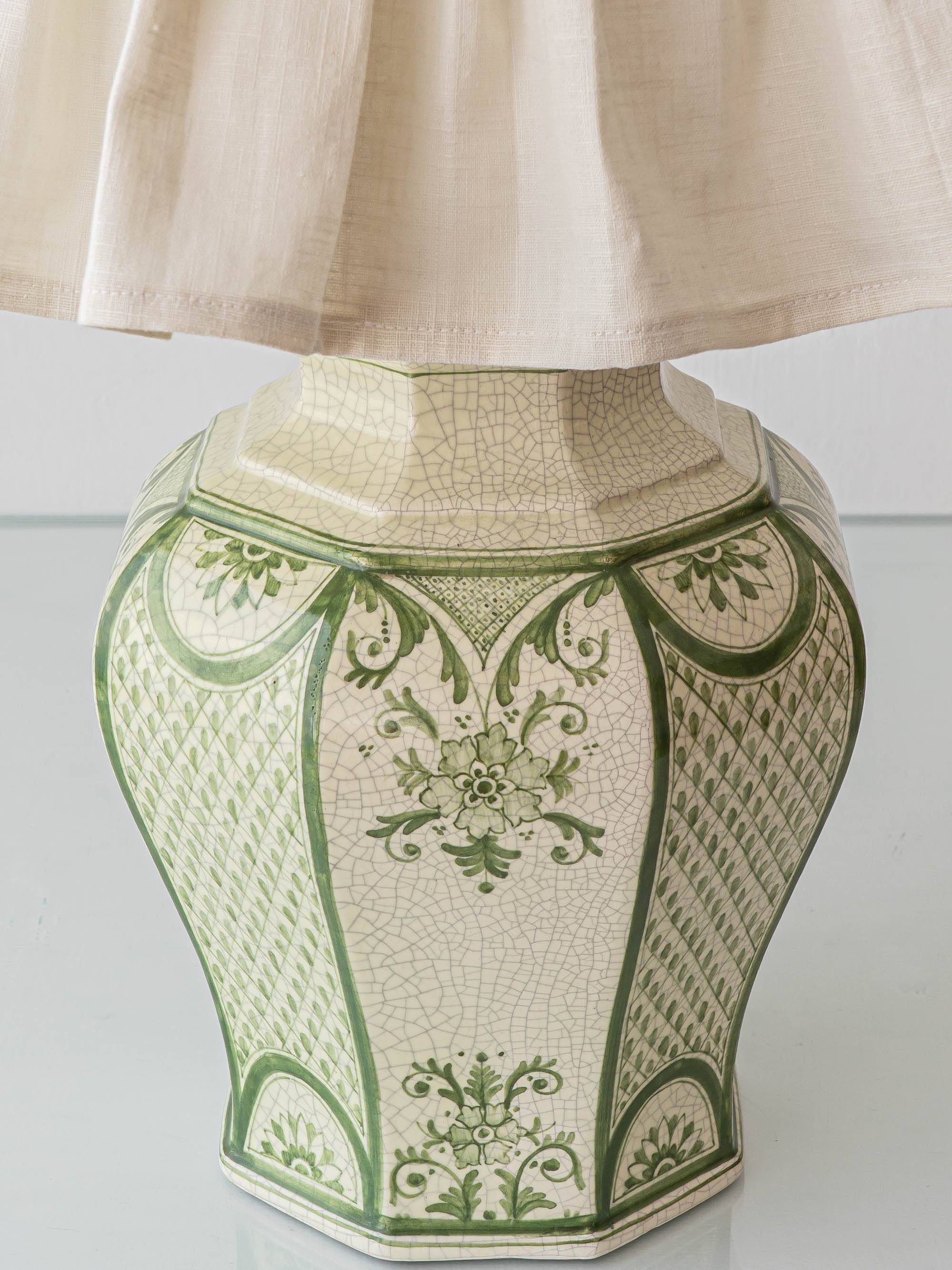 Spanish Revival Table Lamp in Green Ivory Crackle Ceramic, New Linen Shade