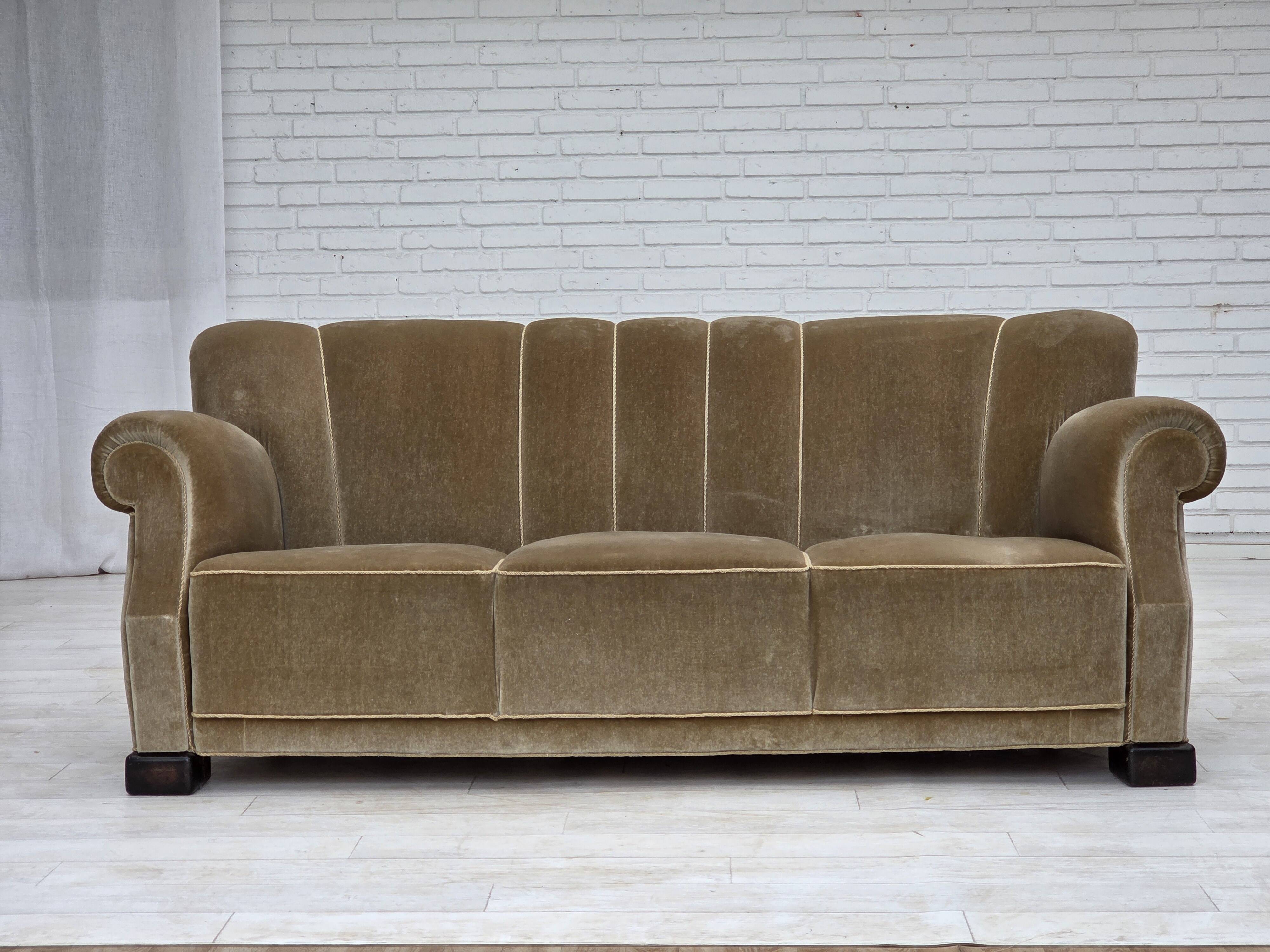 1960s, Danish 3-seater sofa, green furniture velour, oak wood legs.
