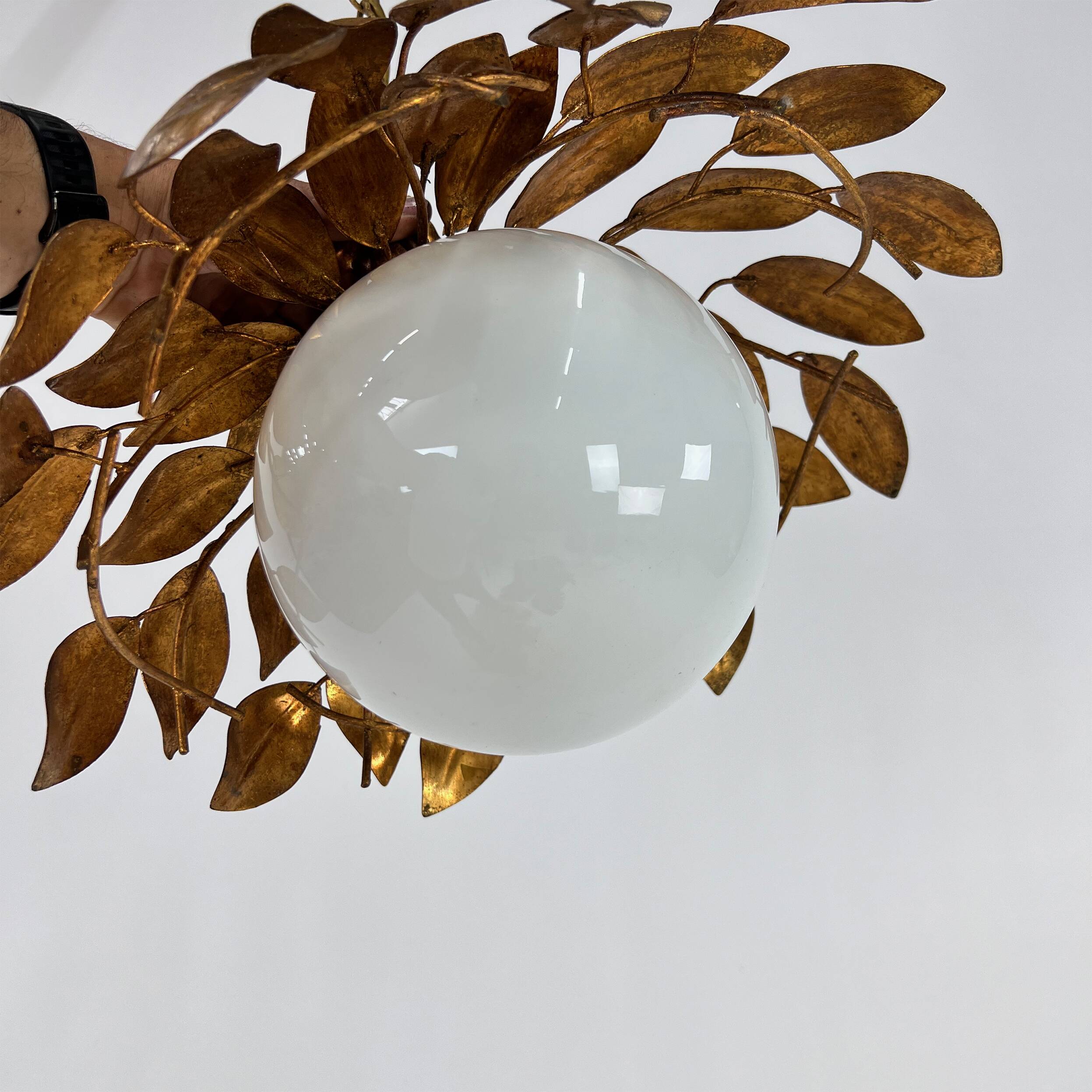Vintage florentine gold pendant lamp with opaline glass bulb, 1960s