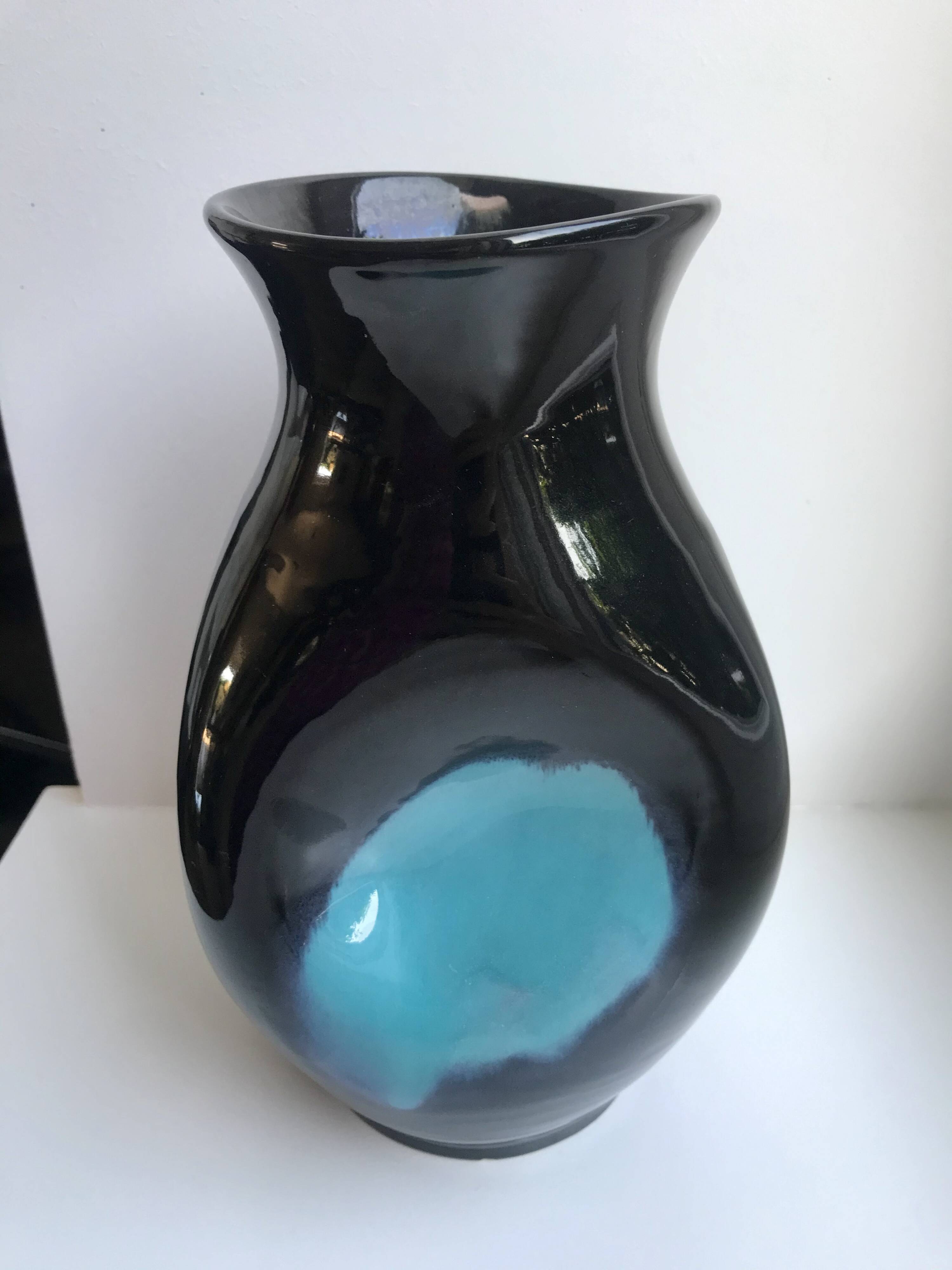free-form design vase in black and blue ceramic from the 70s