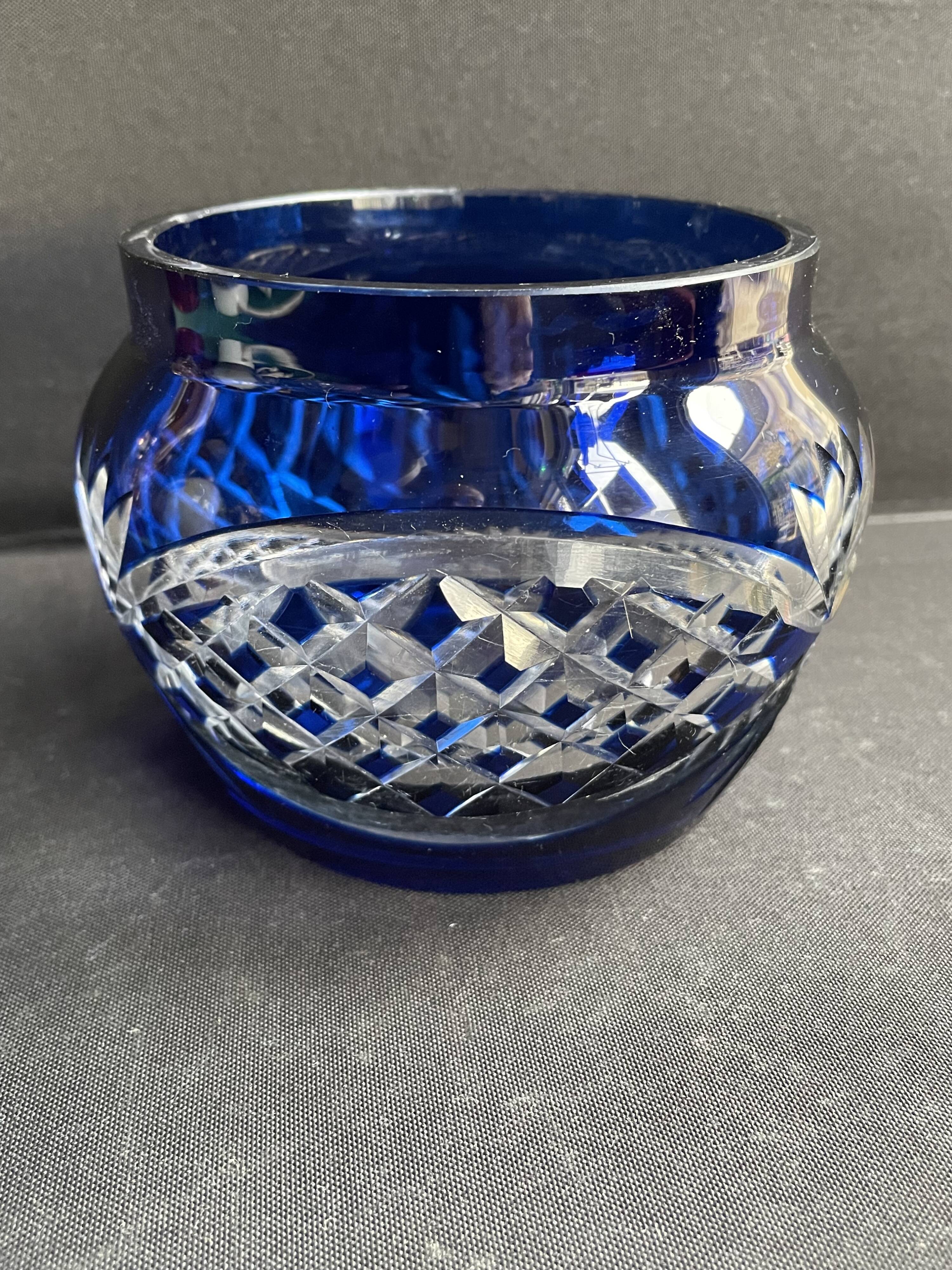 Cobalt blue overlay cut crystal vase