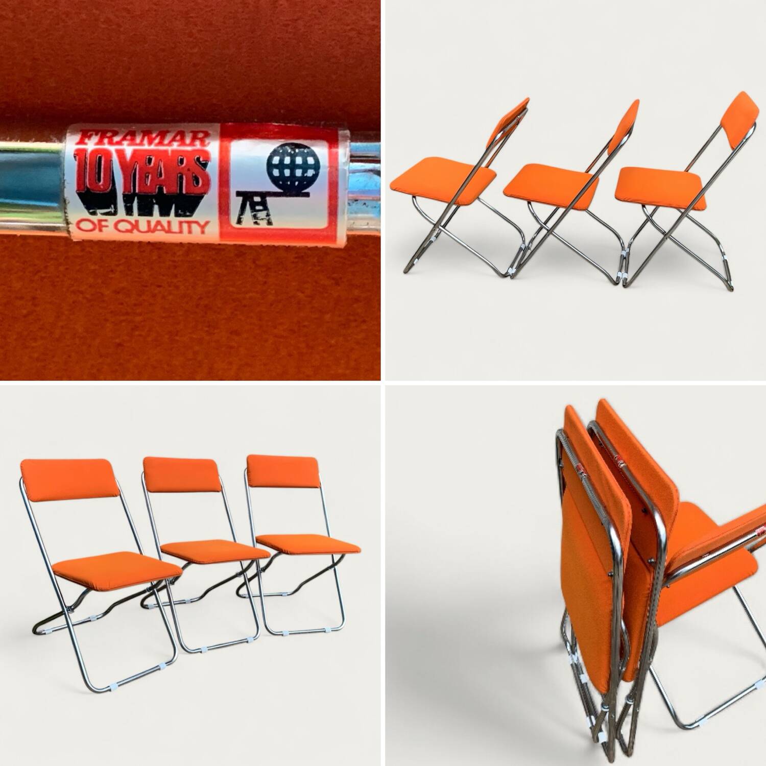 Framar orange felt folding chairs 1970