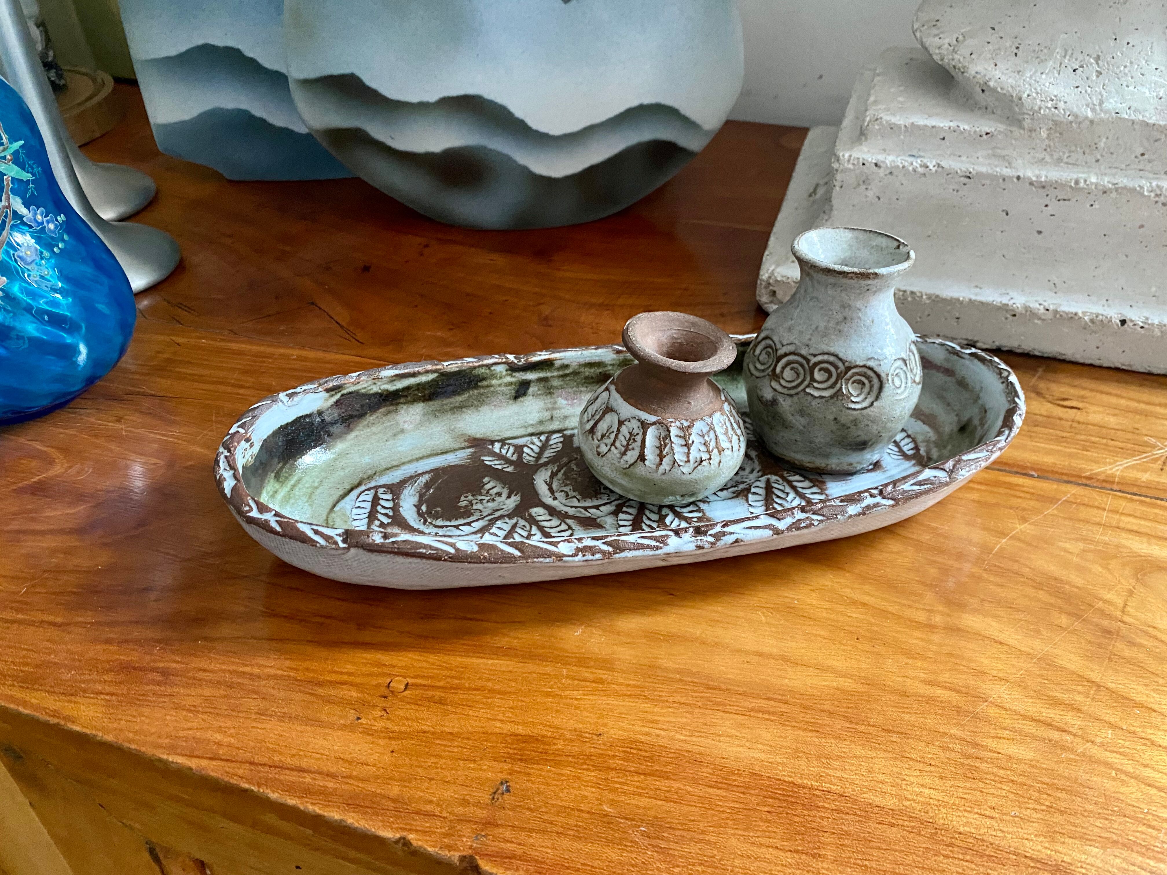 Flat cup and 2 mini ceramic vases Albert Thiry Vallauris