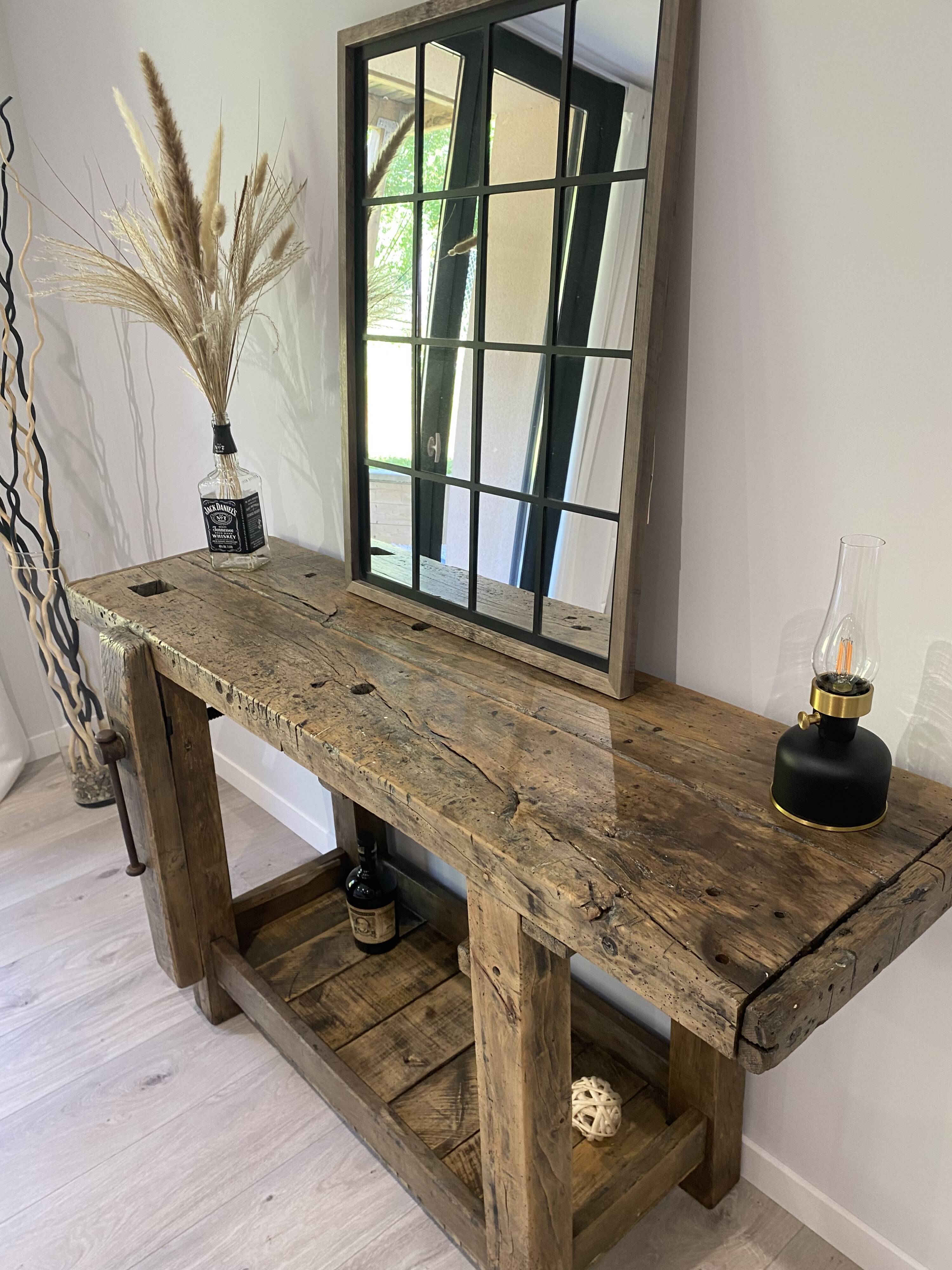 Établi en bois industriel vintage, meuble de métier