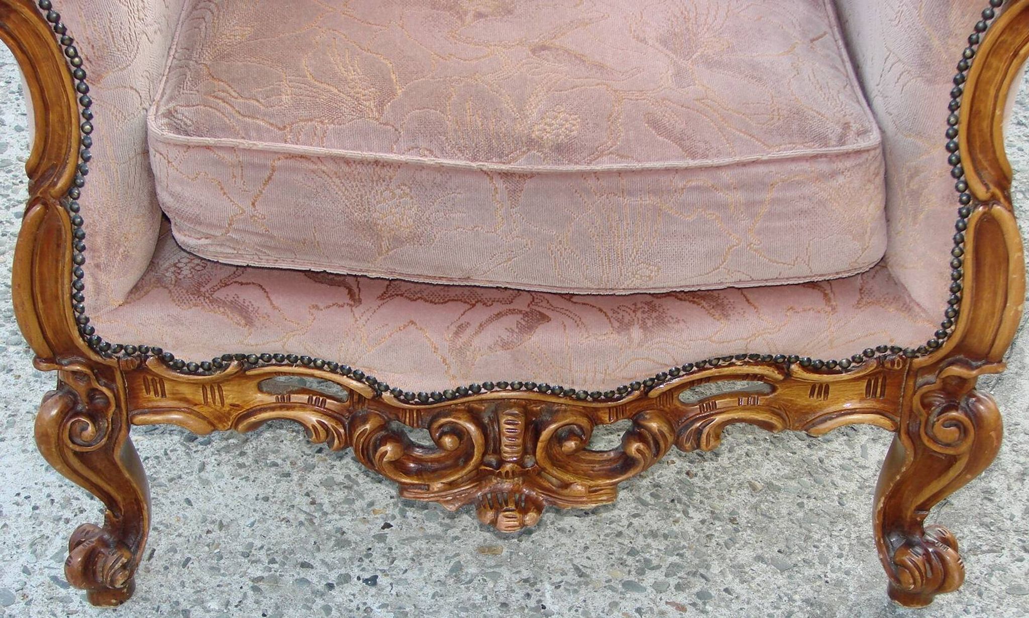 Vintage French armchair, 1960s, carved wood, springs