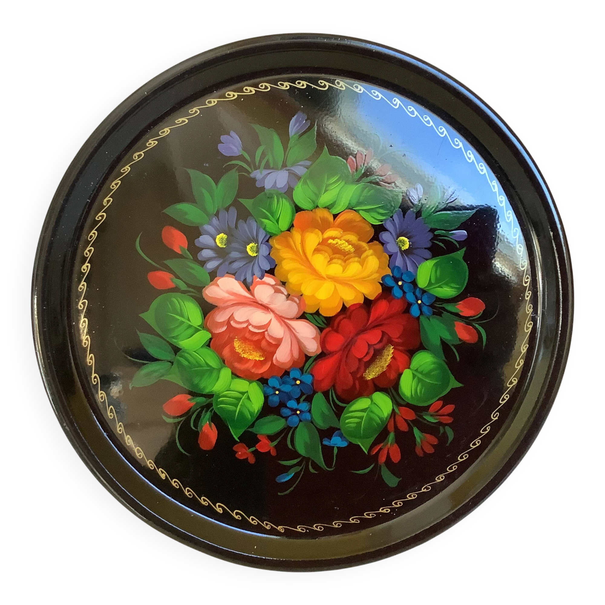 Russian Beriozka painted metal flower tray