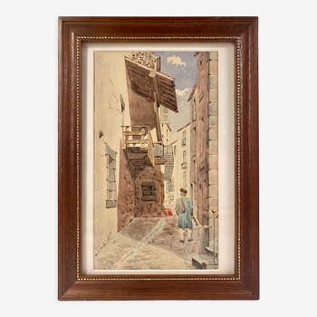 Tableau ancien, paysage provençale, aquarelle début XX siècle