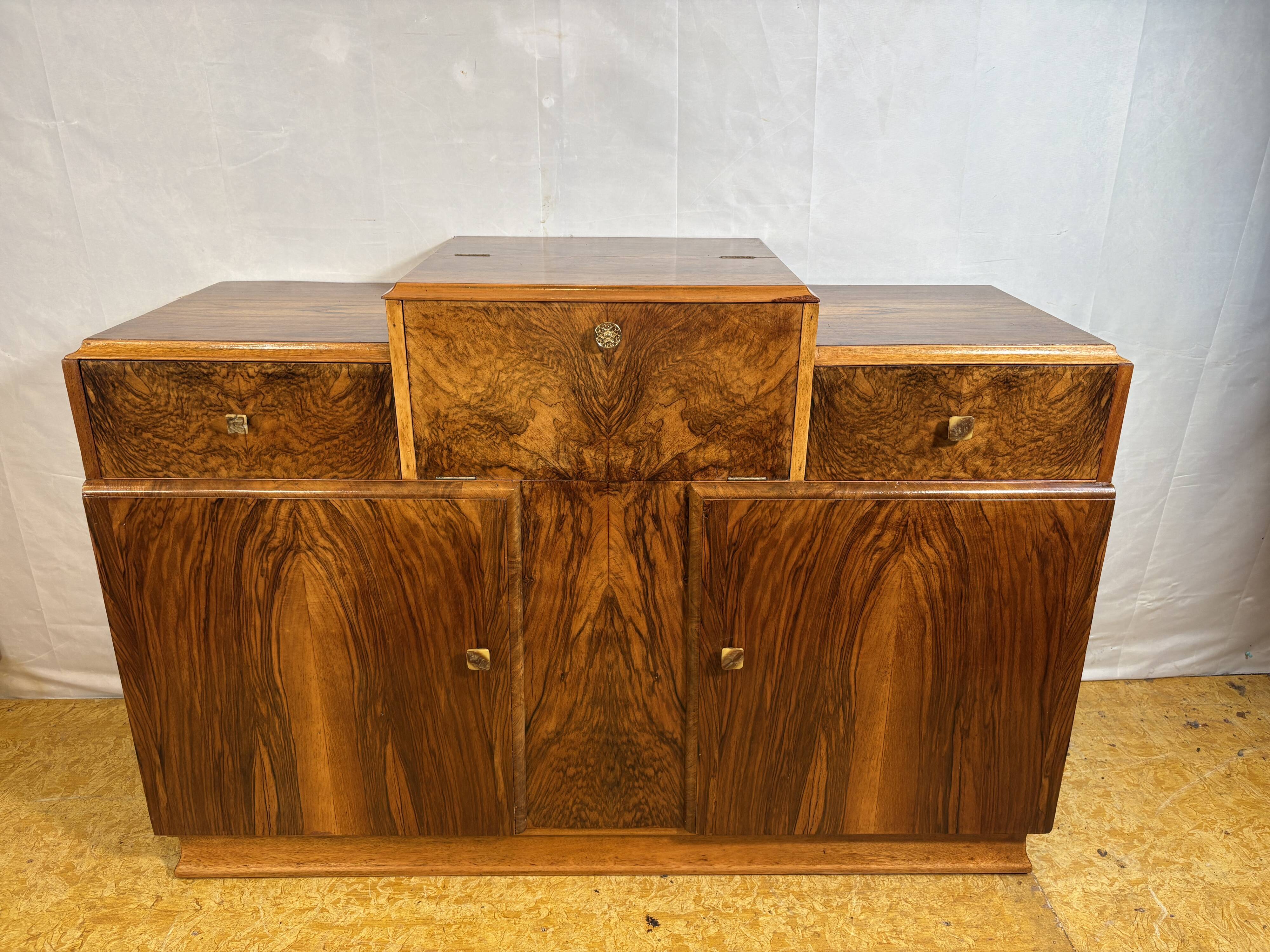 Art Deco English Burr Walnut Cocktail Sideboard – Circa 1930s  A stunning o