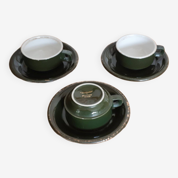 Green and gold bistro coffee cups (3) , porcelain, Pillivuyt