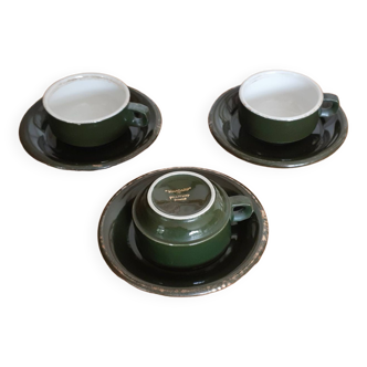 Green and gold bistro coffee cups (3) , porcelain, Pillivuyt