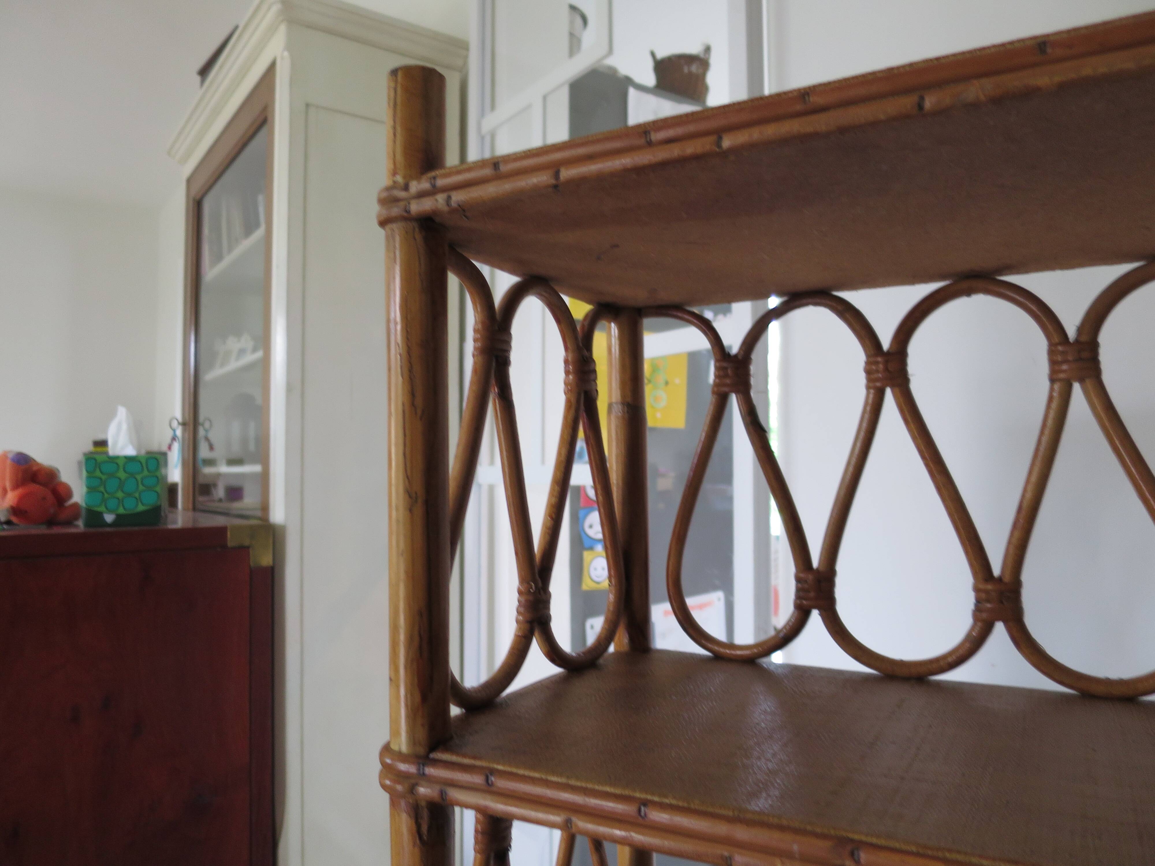 Wooden and rattan bookcase, 1970s-1980s