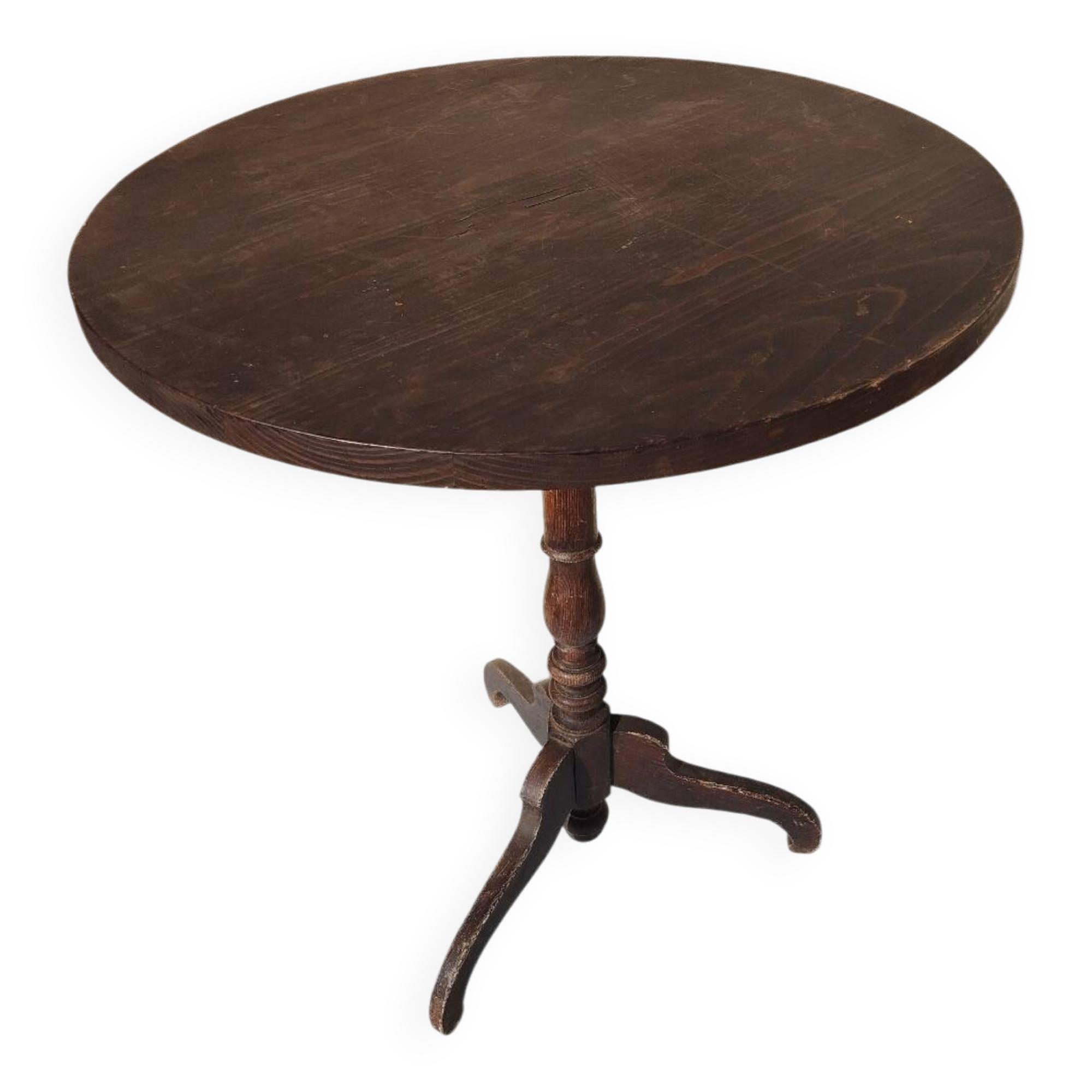 Small rustic antique tripod side table made of solid wood.