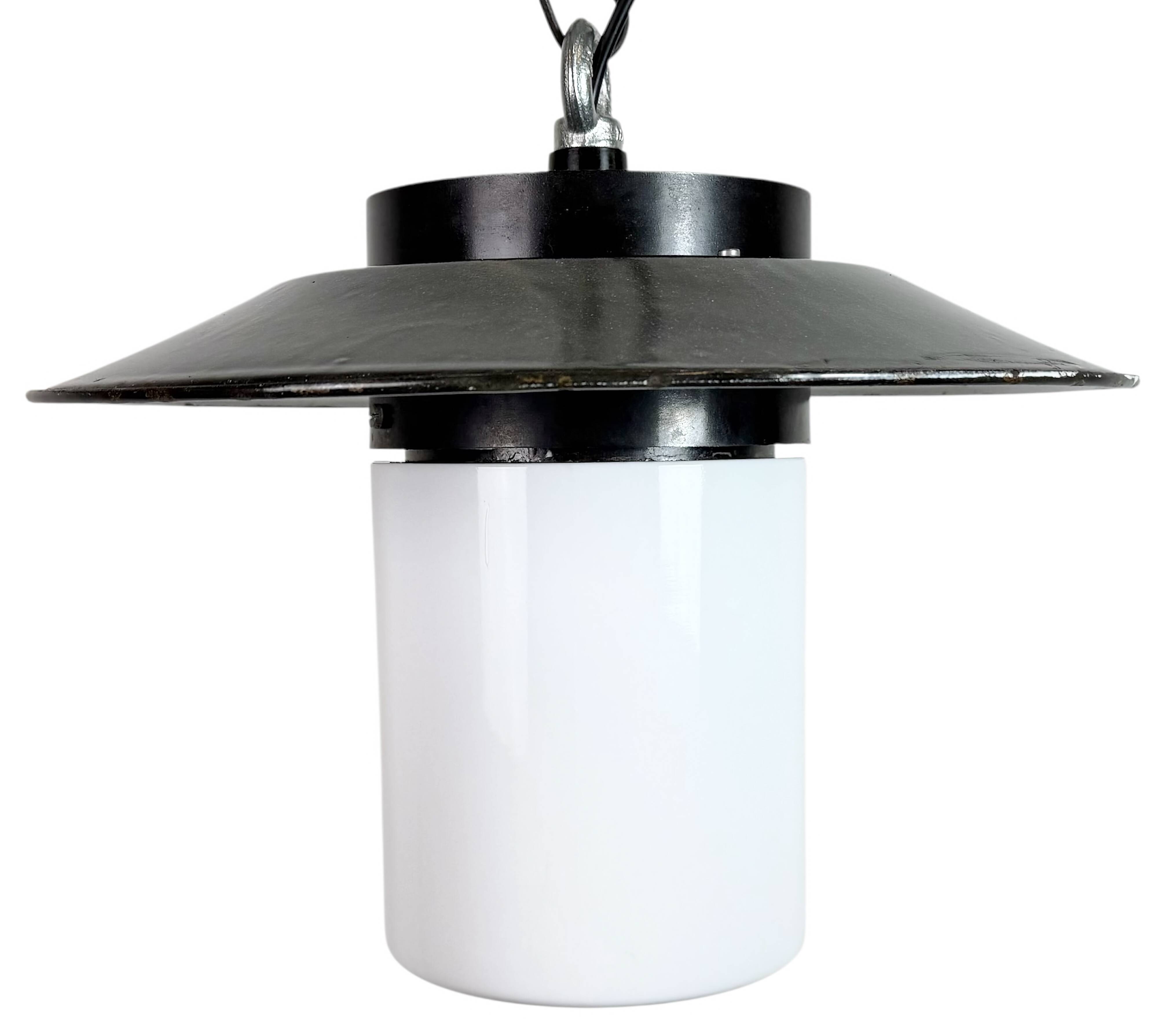Industrial Grey Enamel Pendant Lamp with Milk Glass, 1960s