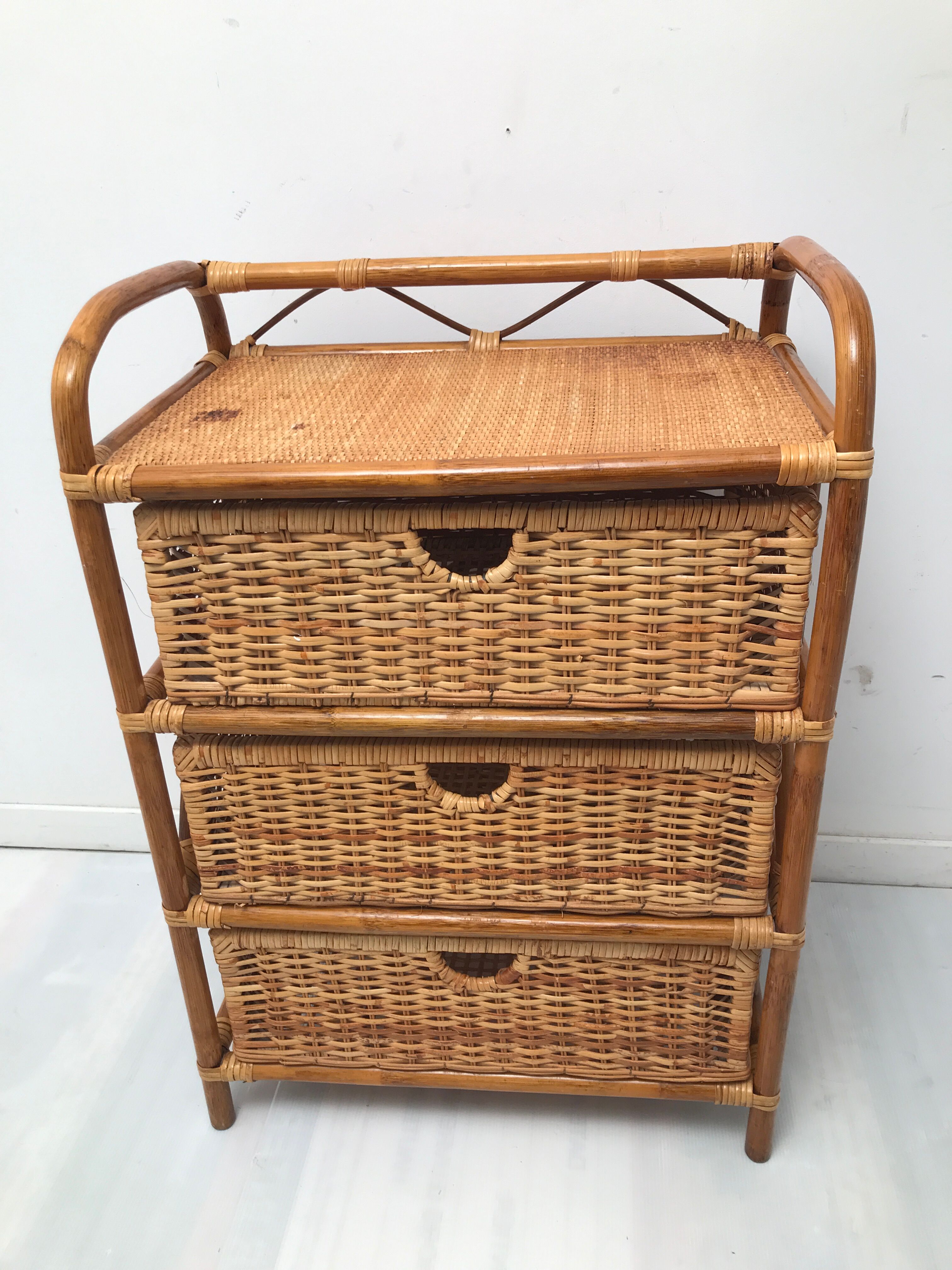 Meuble de rangement en osier rotin vintage à 3 tiroirs Selency