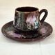 Six cups and saucers Vallauris glazed ceramic in brown and old pink.