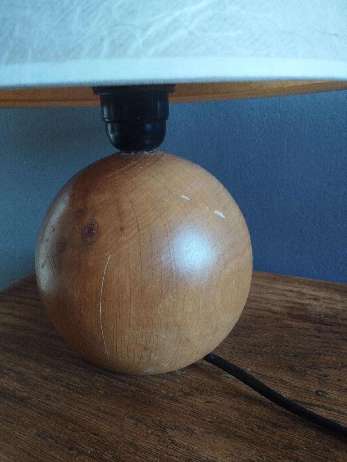 Table lamp foot ball light wood, lampshade ecru paper, 1970's