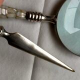 Magnifying glass set and letter opens in silver metal and mother-of-pearl