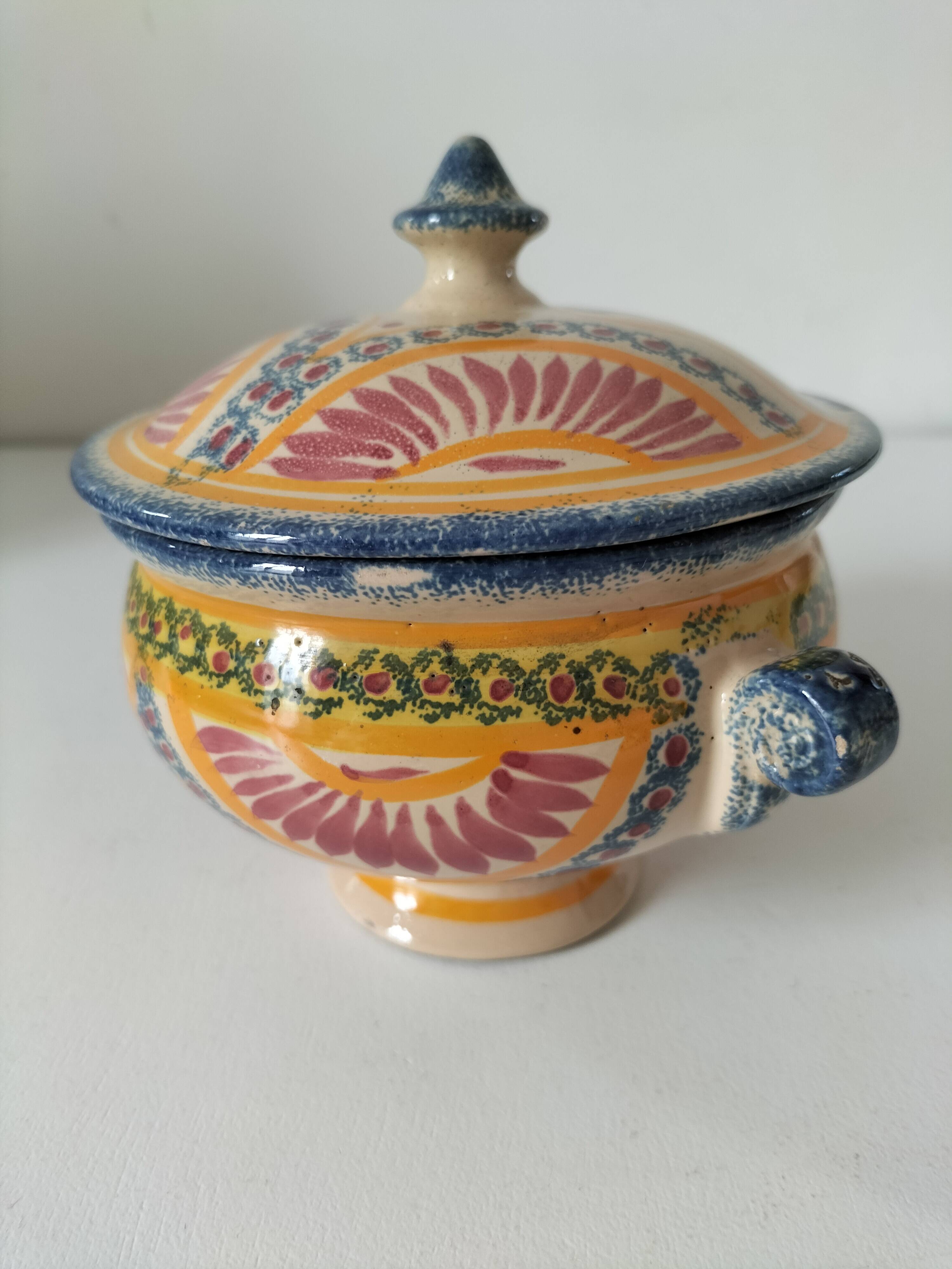 Rare old Quimper candy box decorated with pink basket and Breton portrait