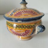 Rare old Quimper candy box decorated with pink basket and Breton portrait