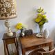 Antique table lamp in marble and tapestry
