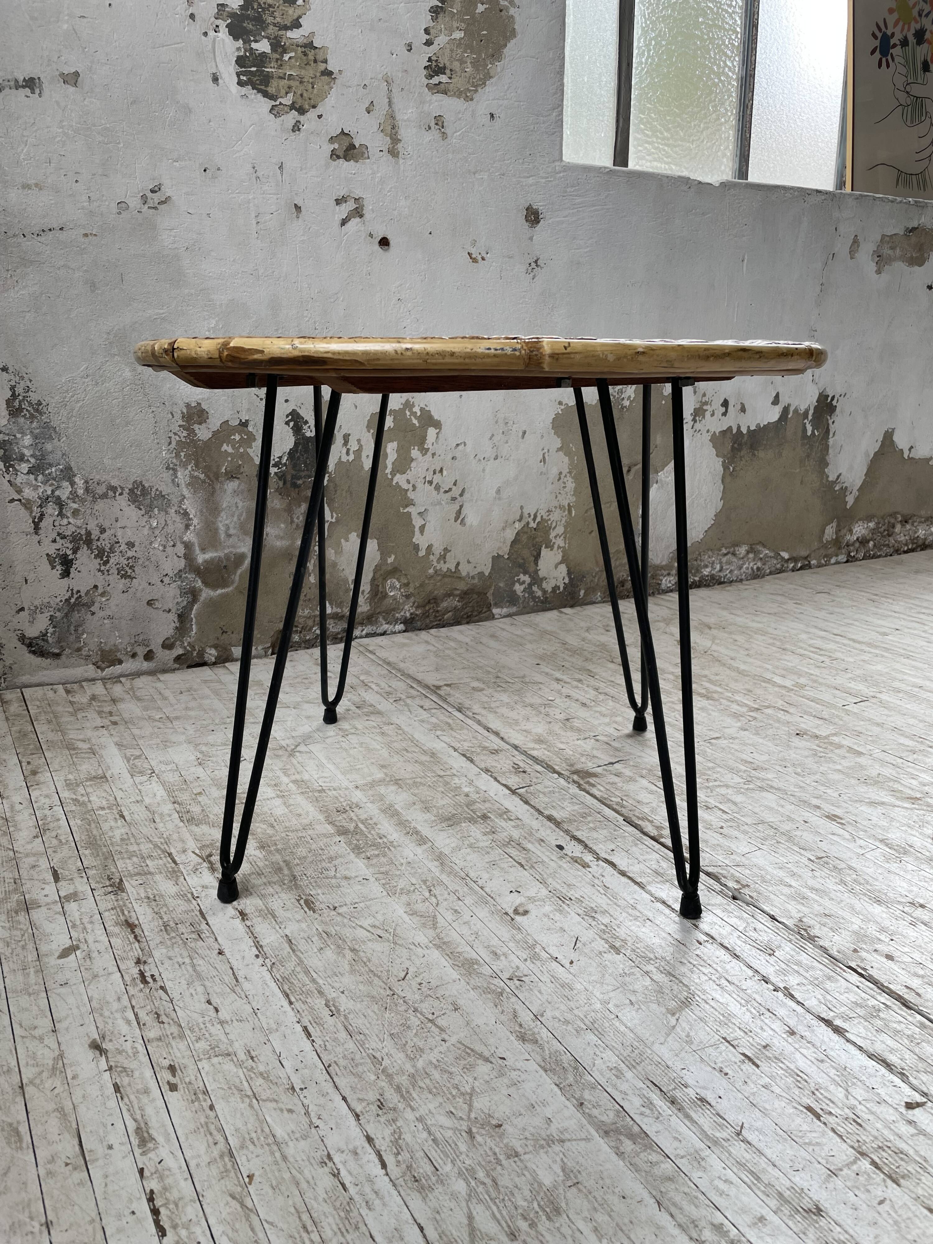 Wicker and metal coffee table from the 1950s