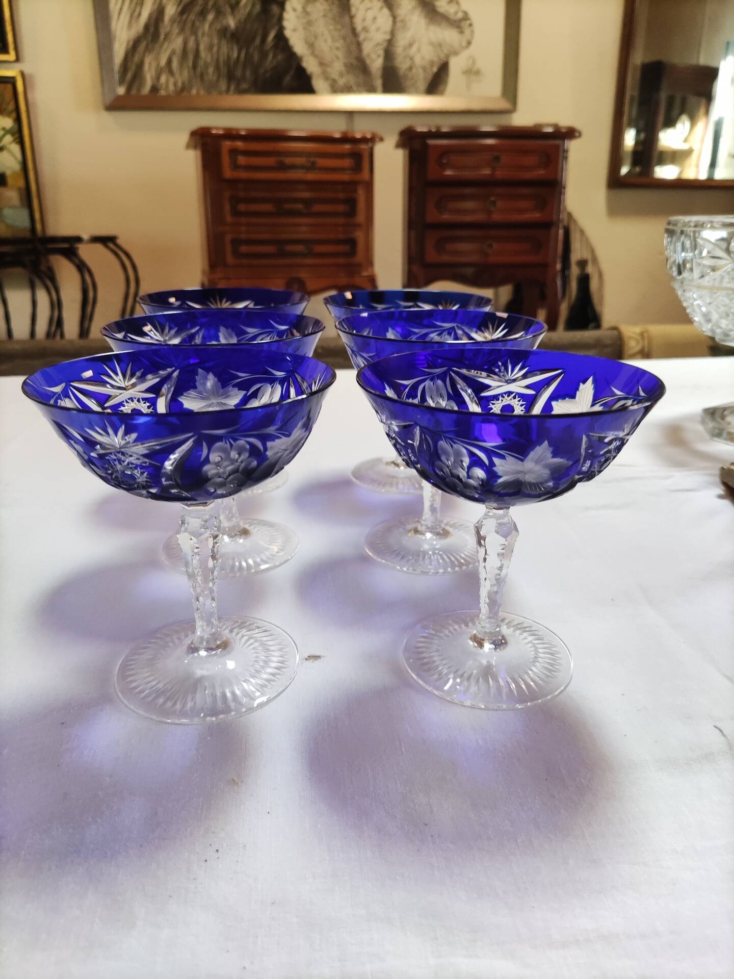 6 cut crystal cobalt blue champagne glasses