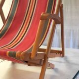 Vintage deck chair in wood and striped fabric - mid-20th century