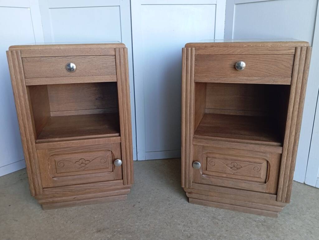 Pair of Art Deco bedside tables in solid oak