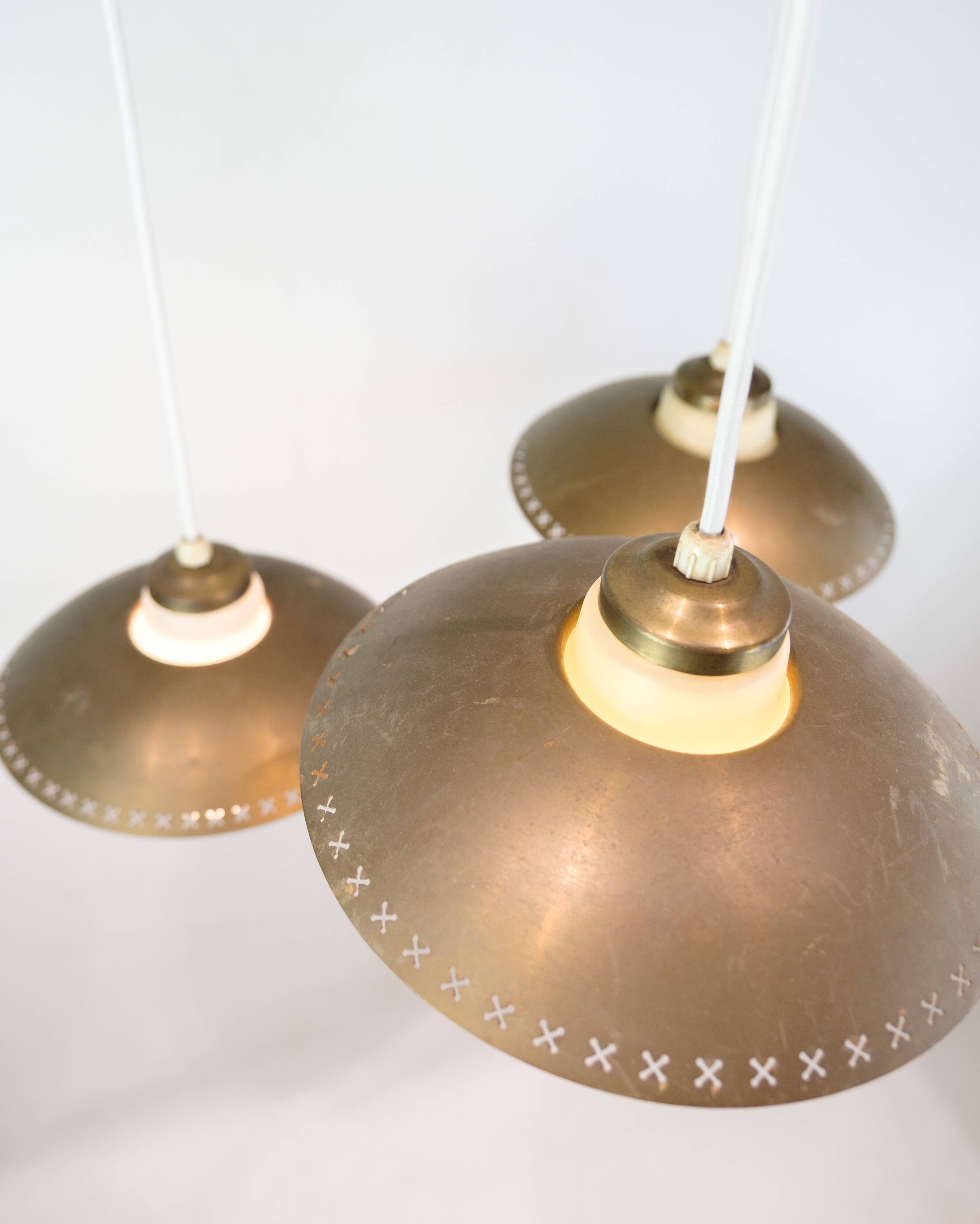 Vintage three-arm ceiling pendant – opal glass and brass – Bent Karlby –1950/60s