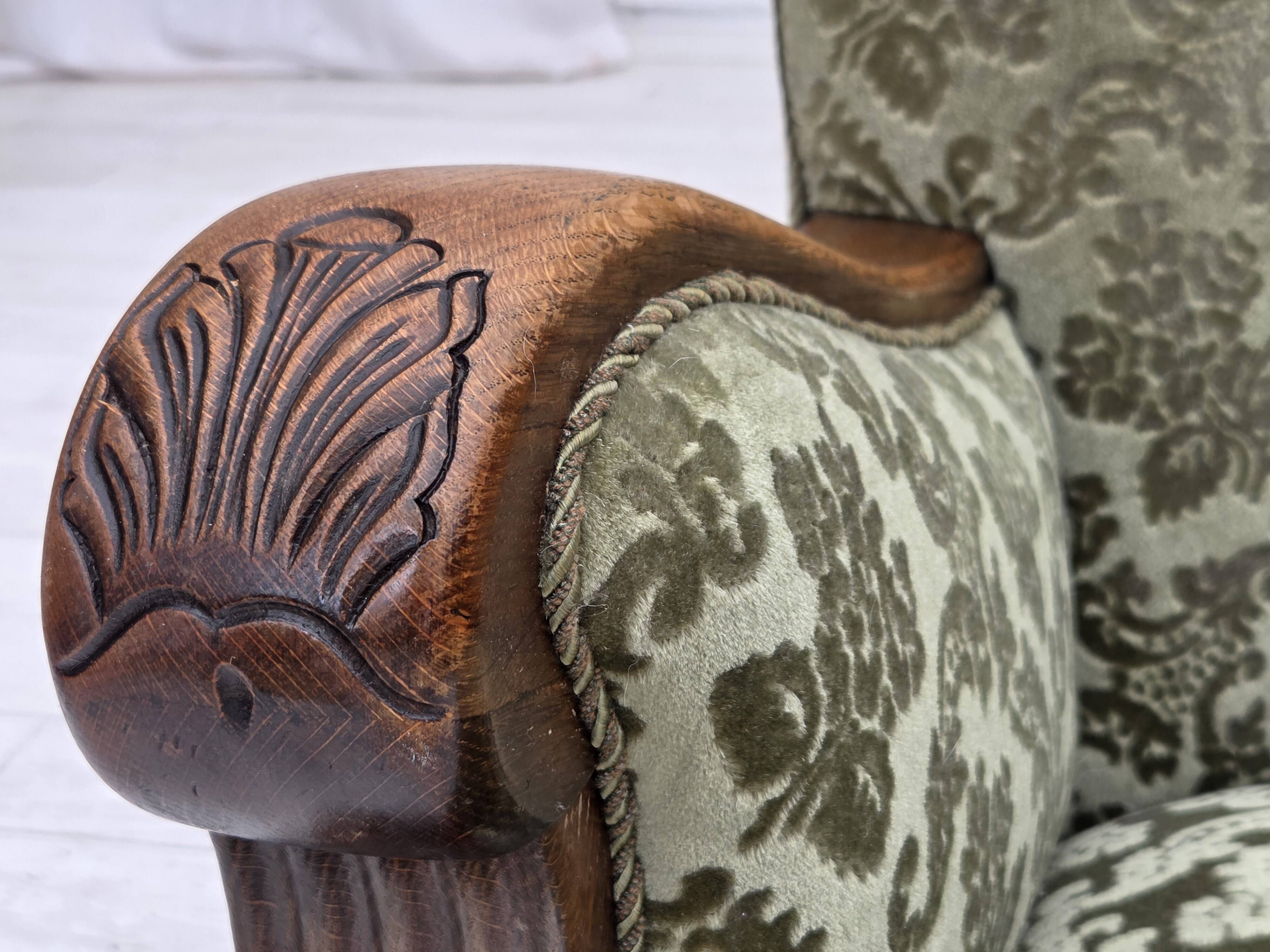 1960s, Danish armchair, green furniture velour, solid oak wood.