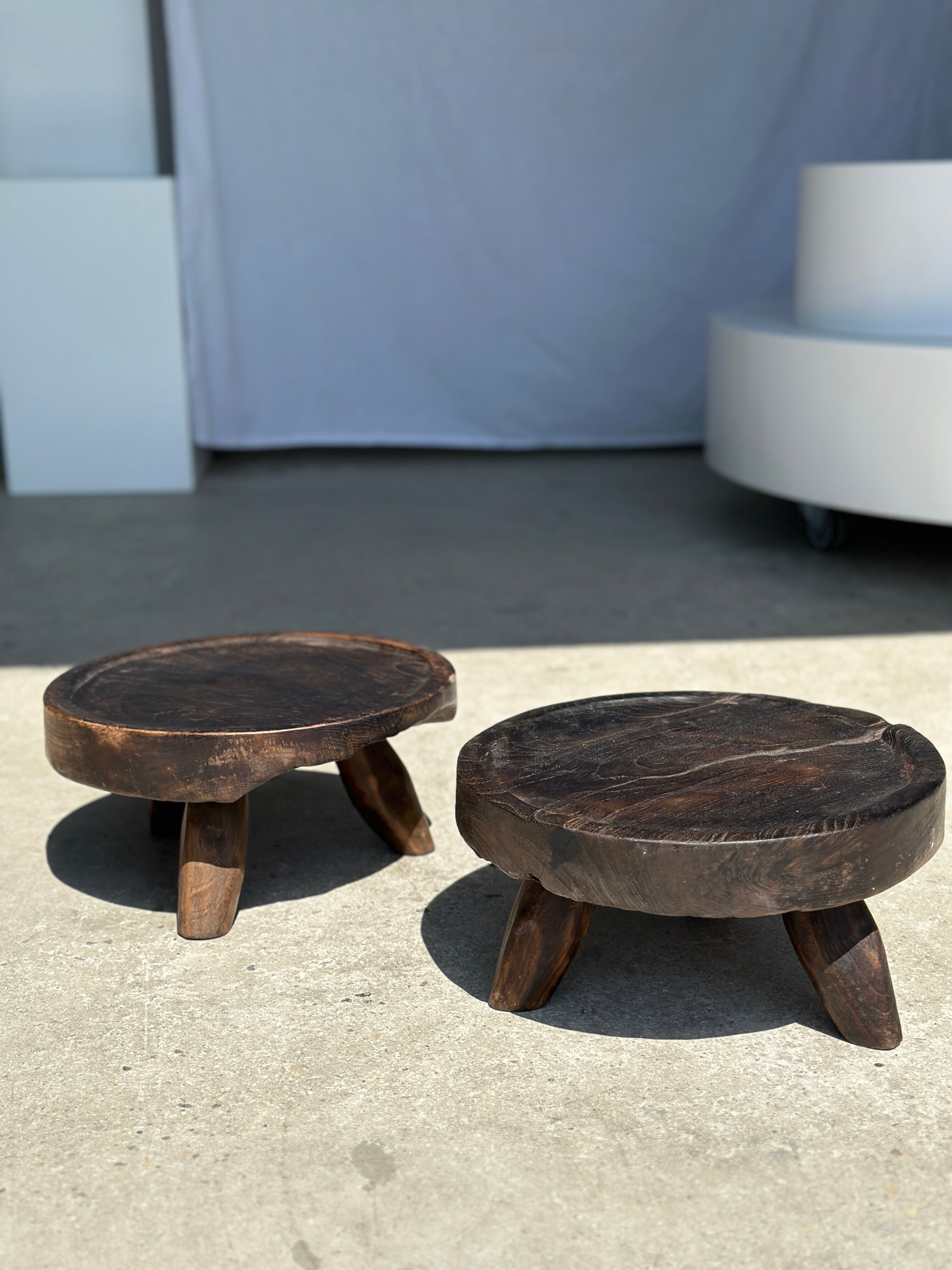 Small tripod stool low in dark brown upcycled teak