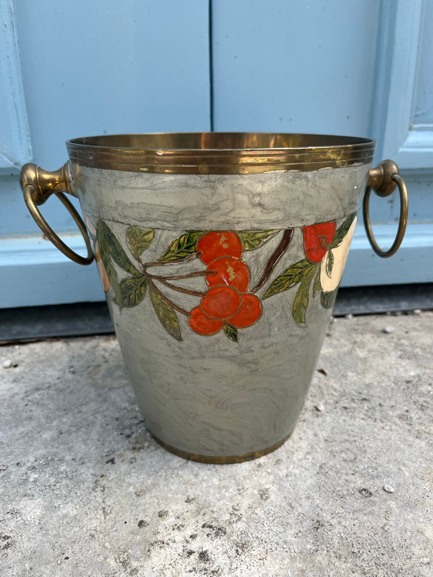 French Cloisonné Champagne Bucket with Fruit Garland & Brass Handles