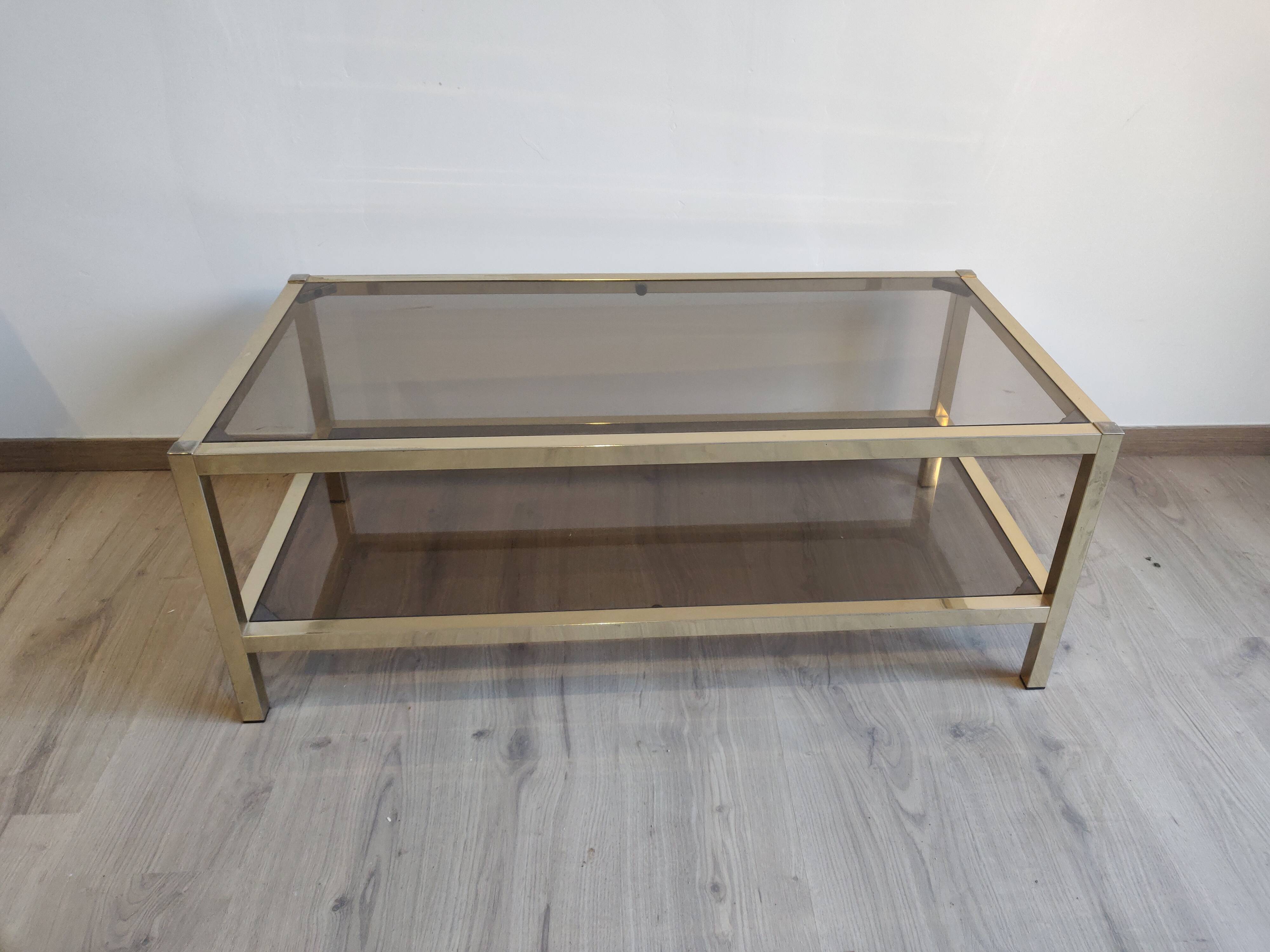 Coffee table in gilded brass smoked glass design 1970s