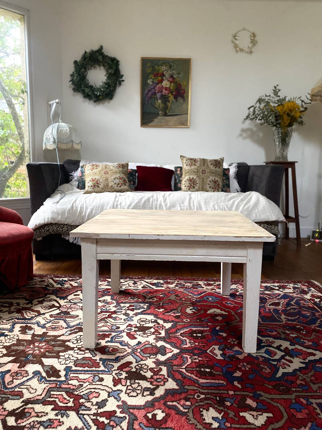 Farmhouse coffee table in antique weathered wood