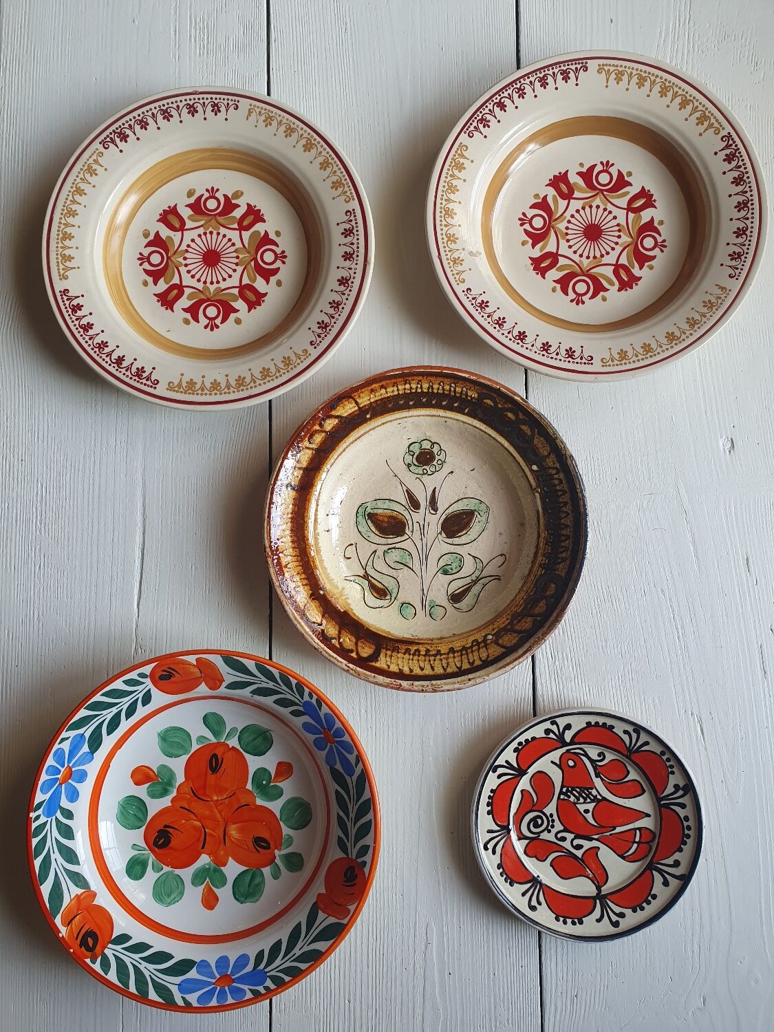 5 handmade ceramic plates Romania slavic bohemian birds table or wall
