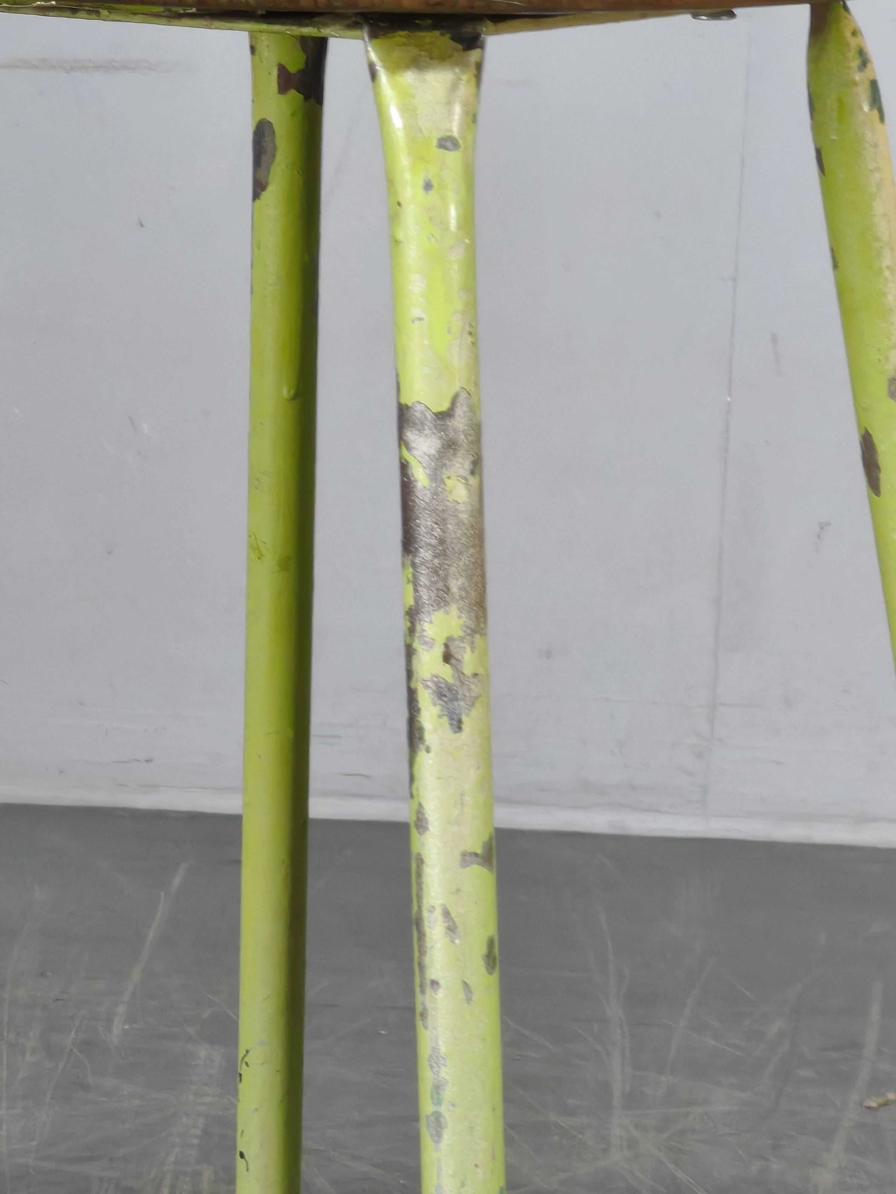 1940s Czech Industrial Stool with Pine Seat and Green Patina