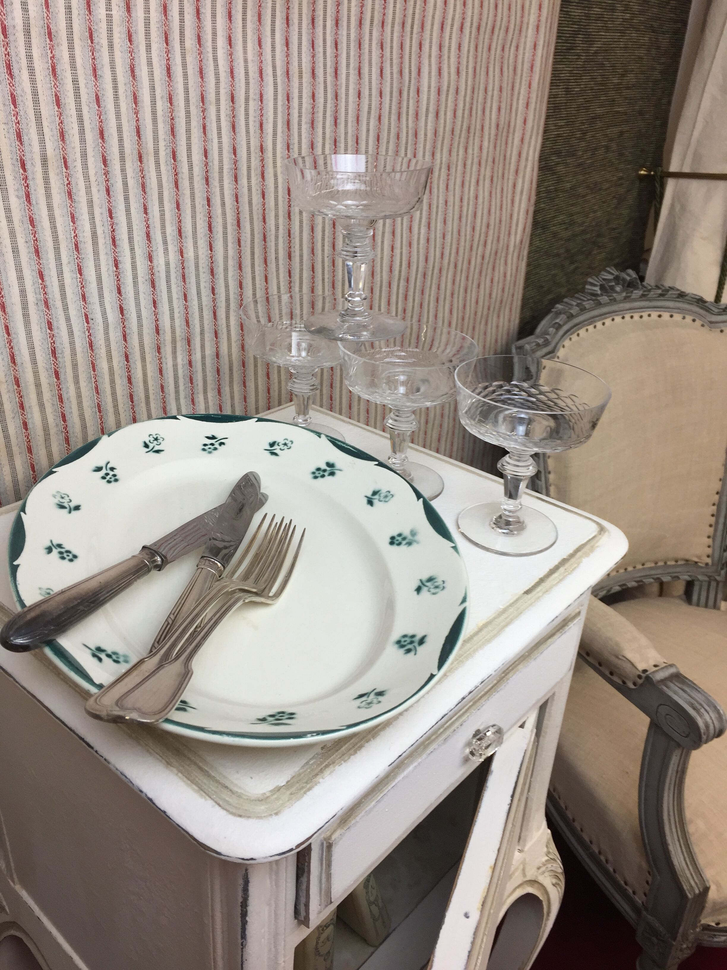 Antique oval dish made in France Digoin Sarreguemines, green flower decoration