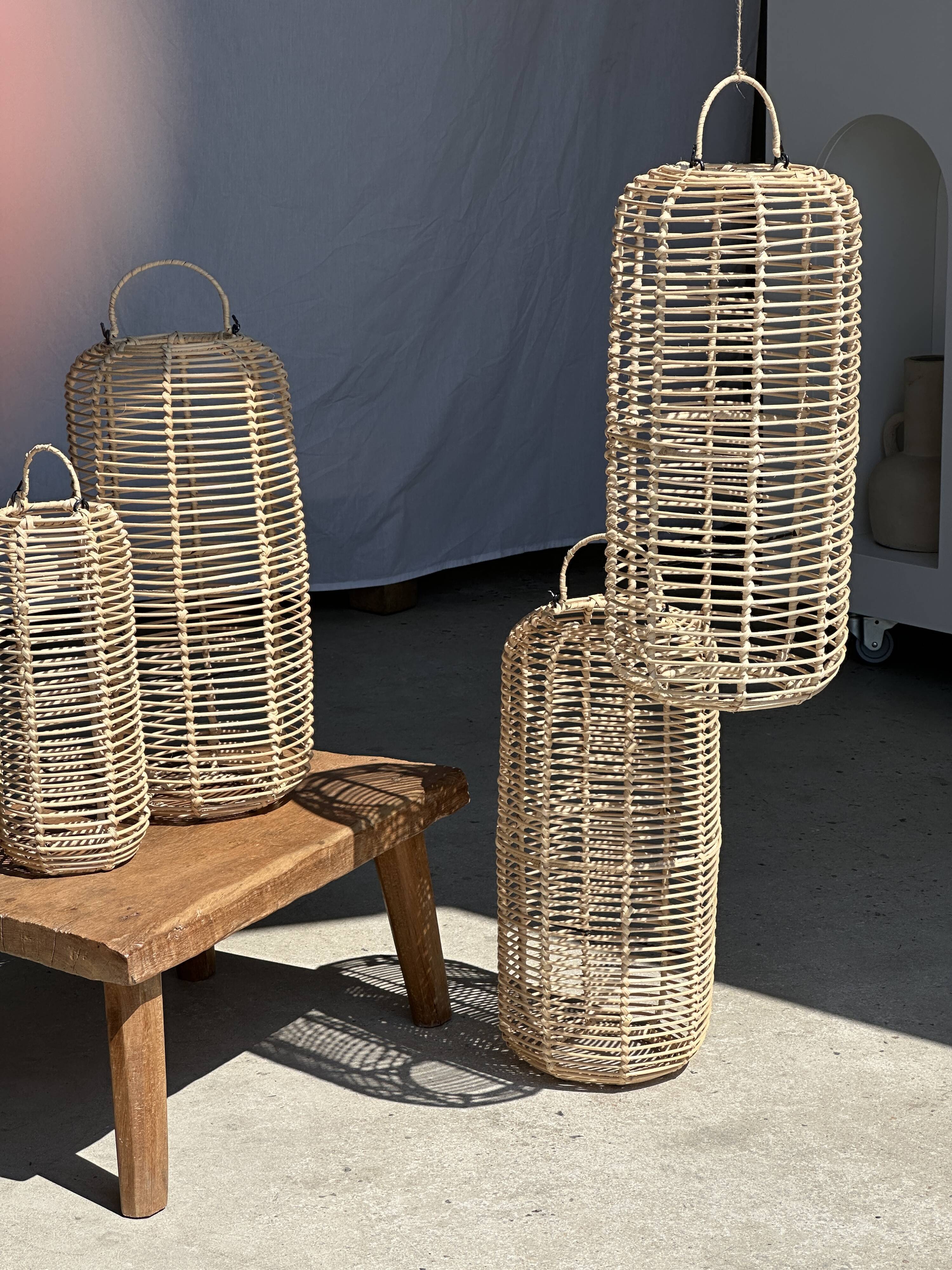 Large lantern-shaped rattan pendant lamp H50 D24