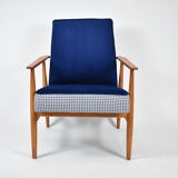 Fauteuil d’origine « Fox » restauré design H.Lis années 1970, pied de poule bleu