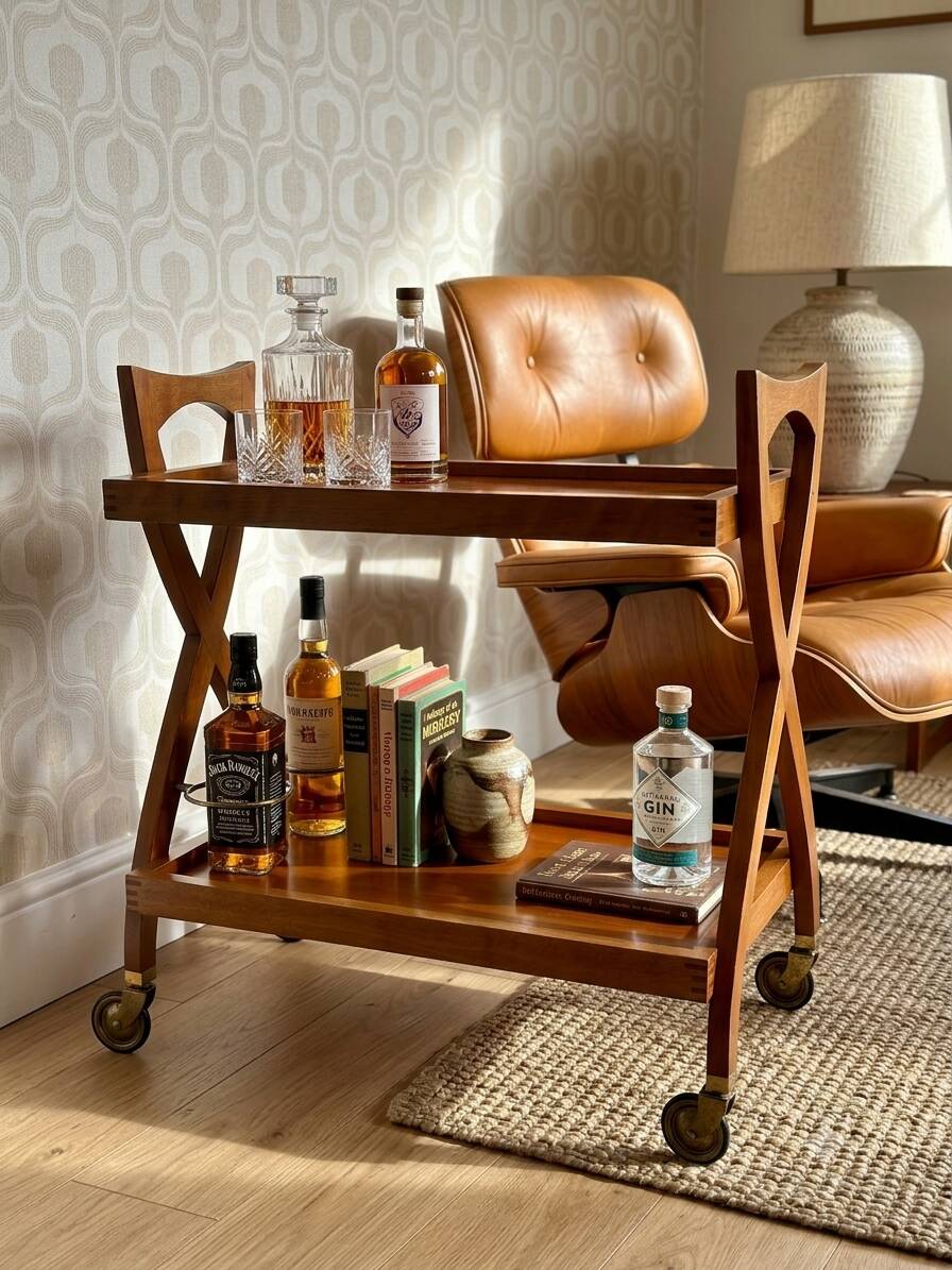 Vintage Cherry Wood Rolling Trolley from the 1970s