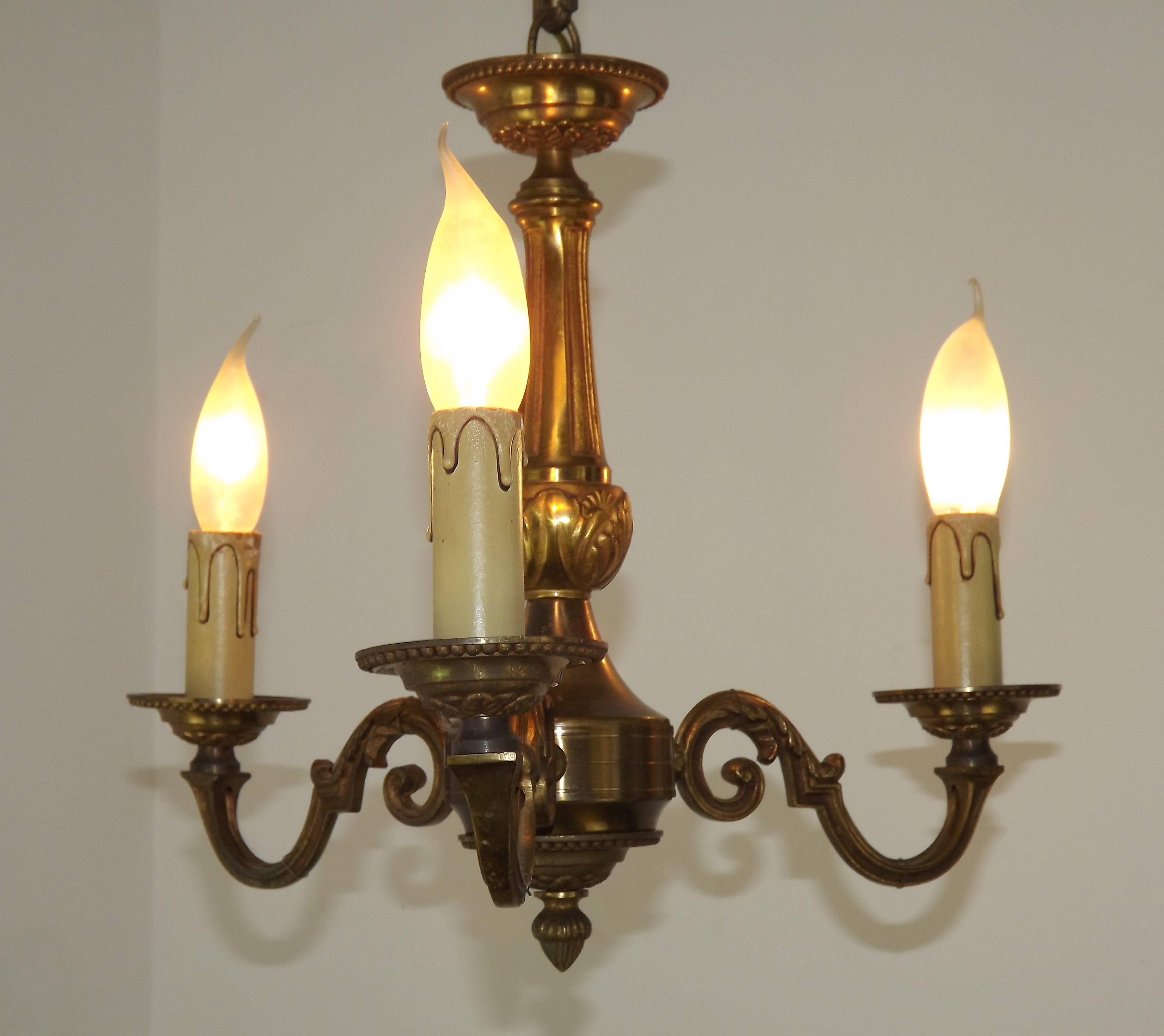 Art Nouveau bronze chandelier with 3 lights, France