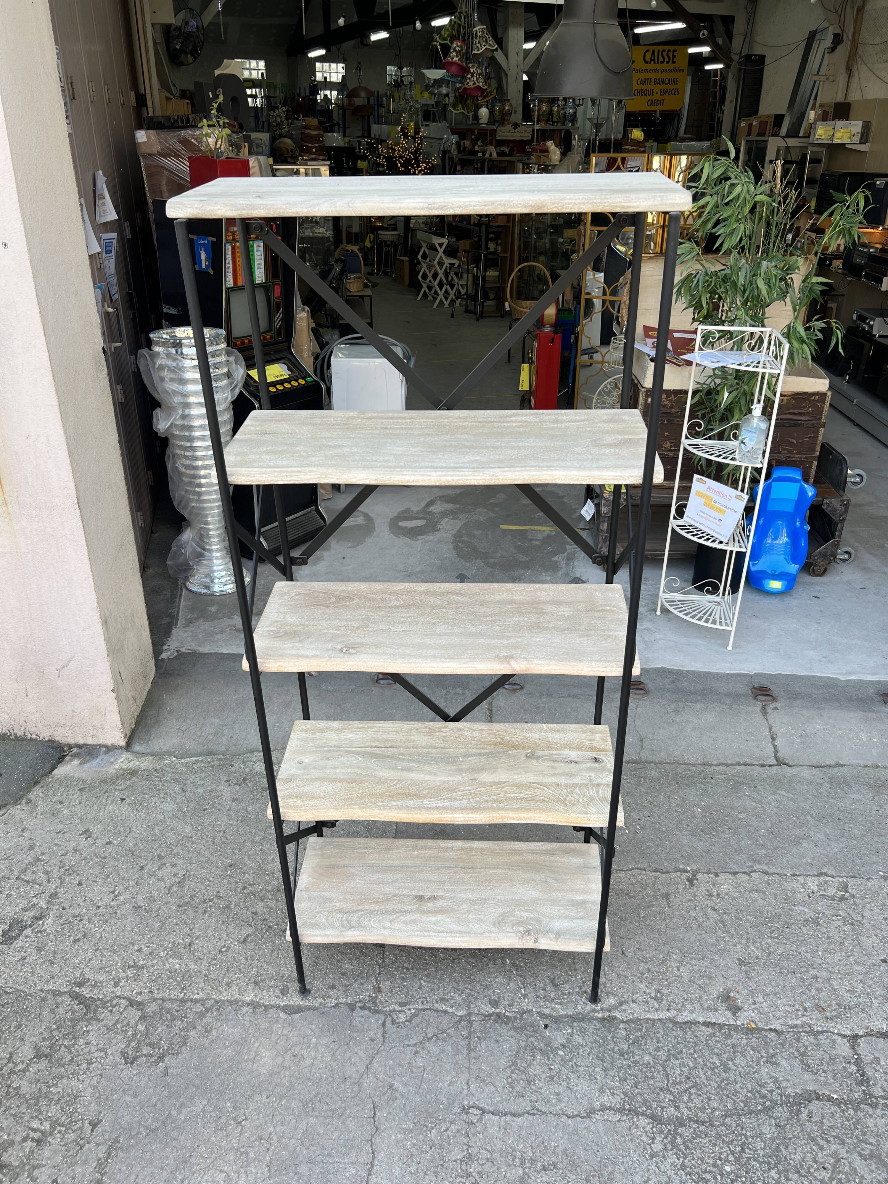 Industrial-style shelf in light wood and cast iron