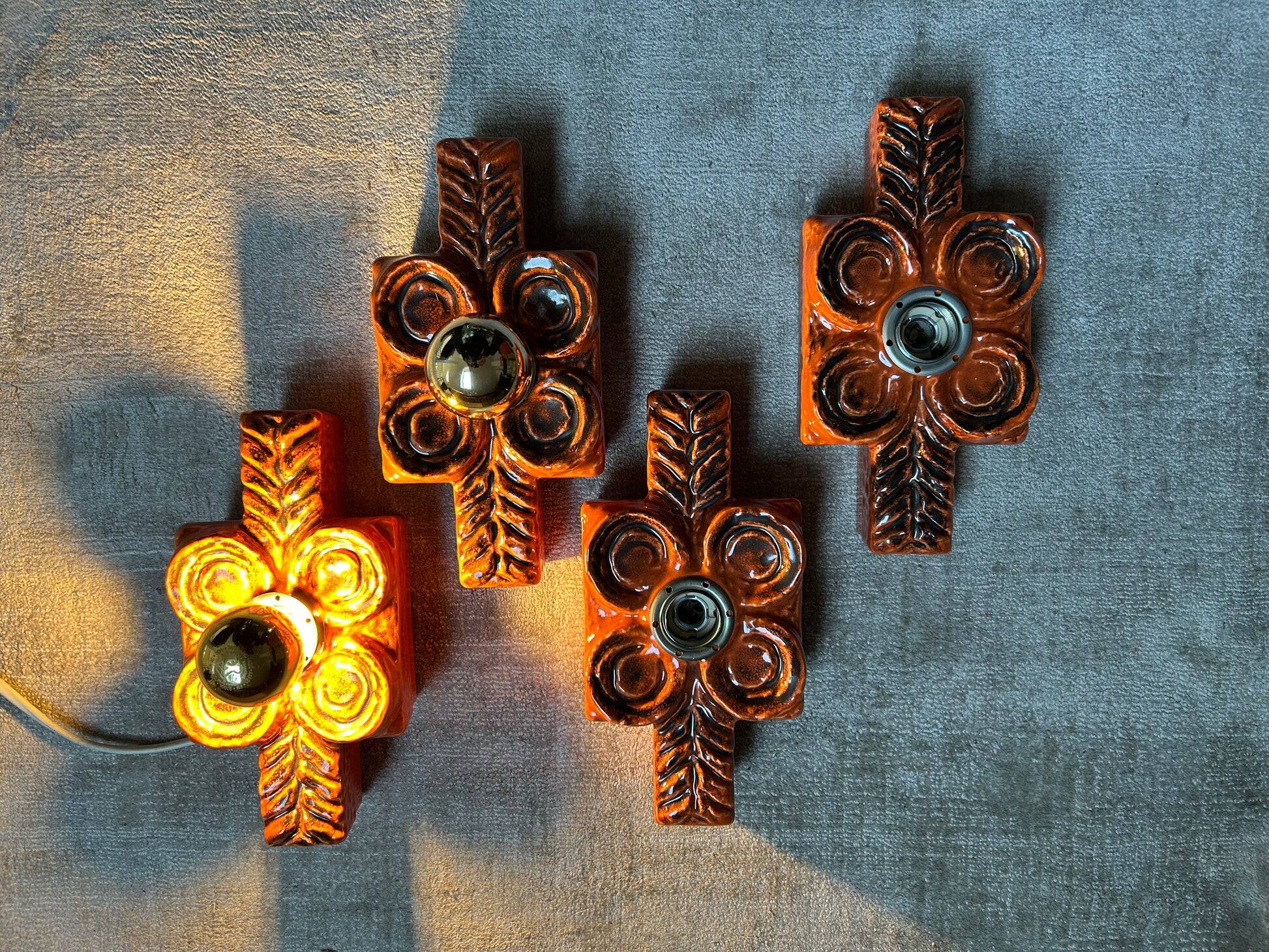 Set of 4 wall sconces in ceramic by Traudl Brunnquell, model 4320, West Germany, 1970s, Fat Lava.