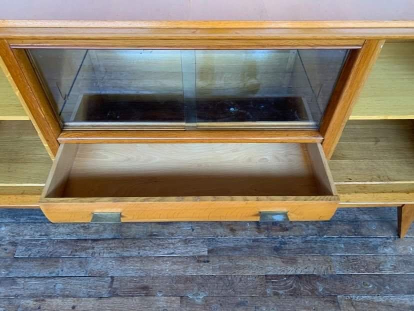 Enfilade moderniste en chêne longueur 197 vintage 1950 pieds compas