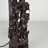 African carved ebony lamp, "Hunters, buffalo and crocodile"
