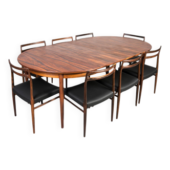 Gustav Bahus Dining Set, Extendable Round Table, 8 Chairs, Norway, 1960s