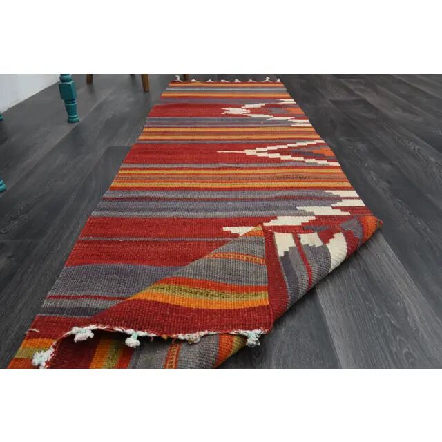 1970s Turkish Oushak Handmade Wool Cotton Orange Kilim Runner 72x252