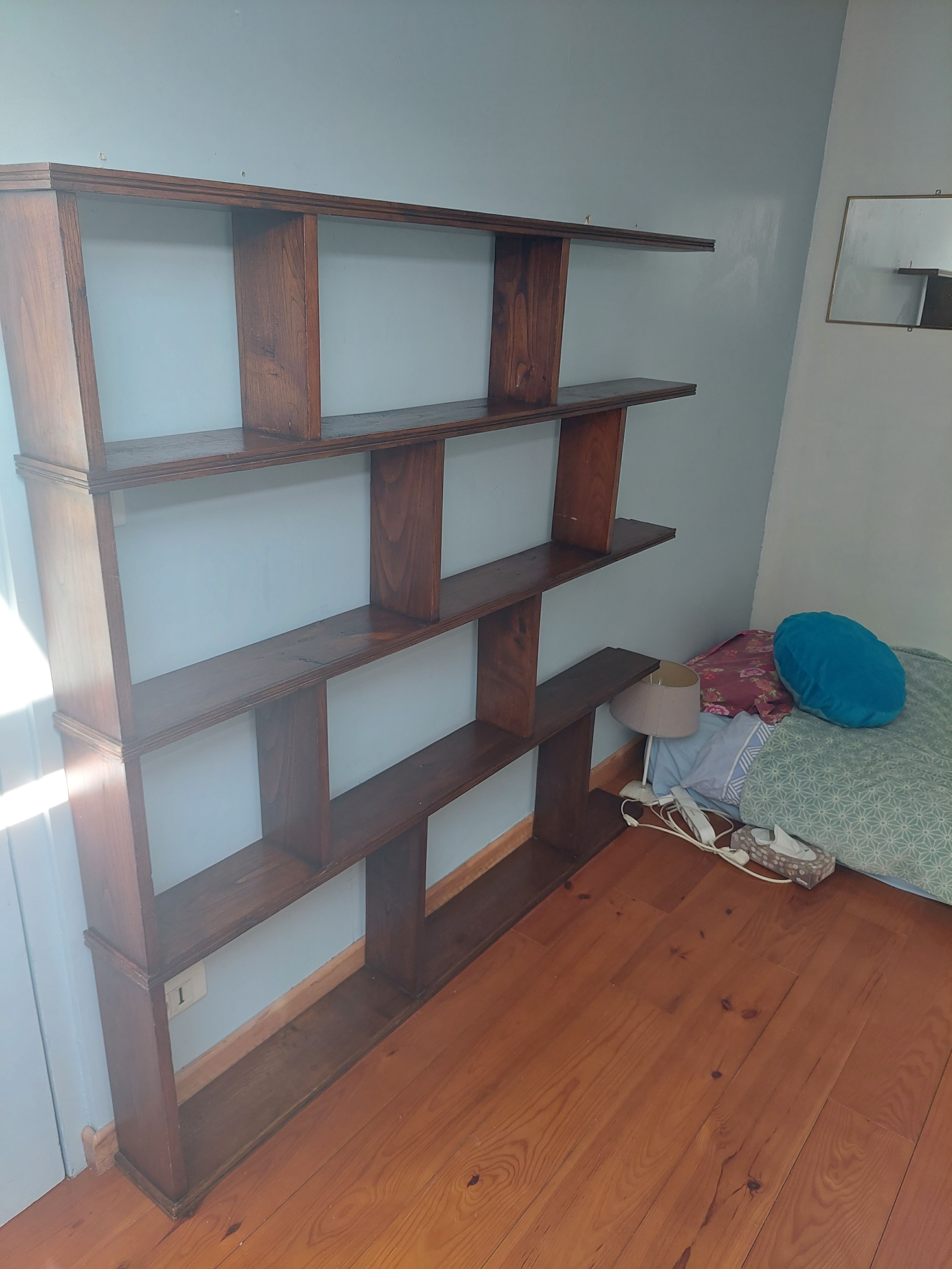 Asymmetrical wall or divider bookcase in dark wood