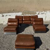 Salon complet en aluminium brossé et cuir marron, France 1970