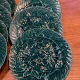 Set of 10 green earthenware dessert plates with a finely embossed floral pattern